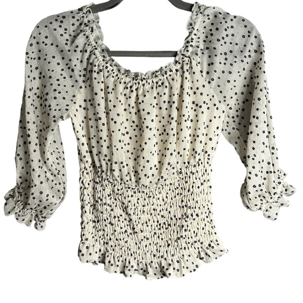 Anthropologie White Blouse Black Dots Smocked Waist XS